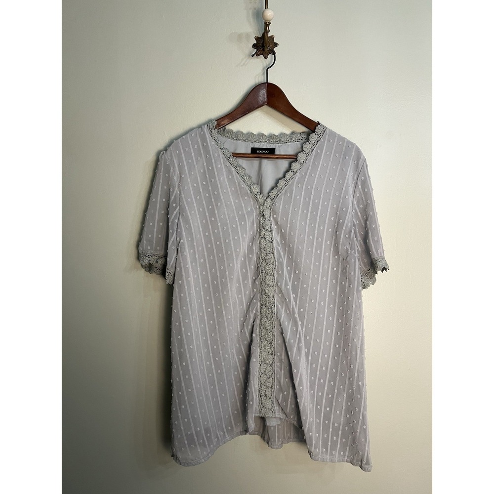 DOKOTOO Swiss Dot Lace Trim Blouse Blue Gray Romantic Cottage XL